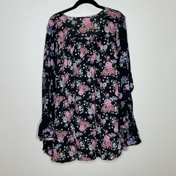 Free People Loretta Floral Ruffle Boho Tunic Top Black Pink Size Small - Picture 10 of 15